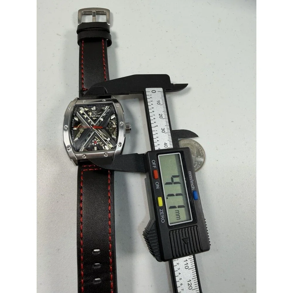 Aokulasic Men’s Automatic Skeleton Tonneau Watch Leather Strap 41mm